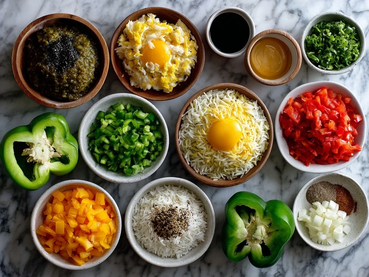 Ingredients for Stuffed Bell Pepper Rice Boats including bell peppers, rice, tomatoes, cheese, and spices