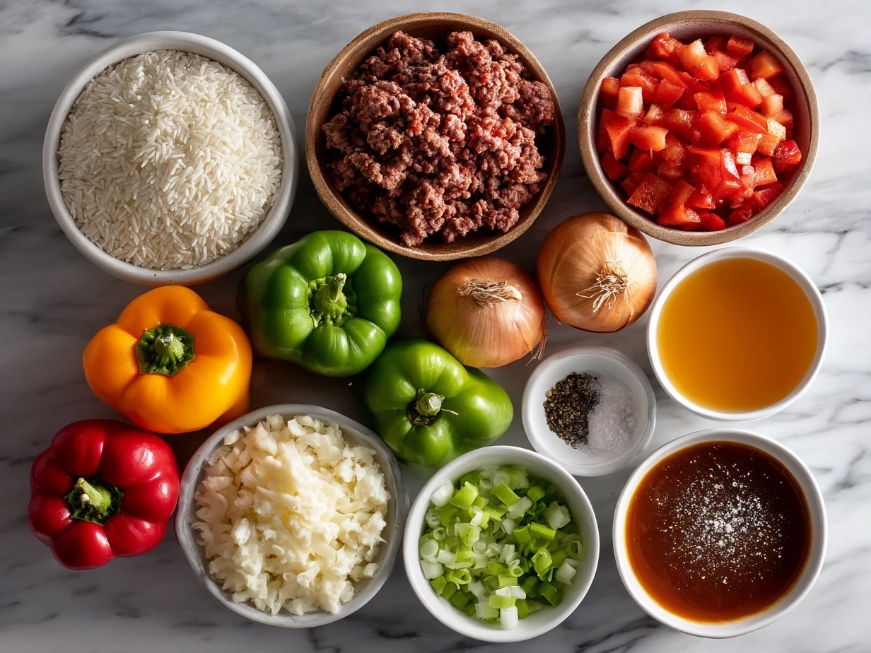 Ingredients for Stuffed Pepper Soup including ground beef, bell peppers, rice, and broth