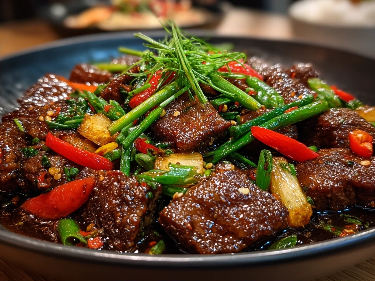 Finished Szechuan Beef served with rice and garnish