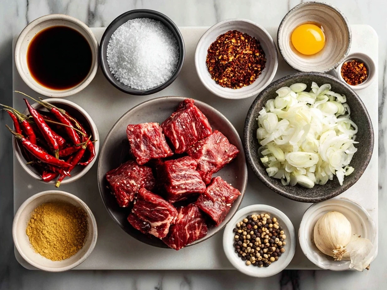 Ingredients for Szechuan Beef including meat, spices, and sauces
