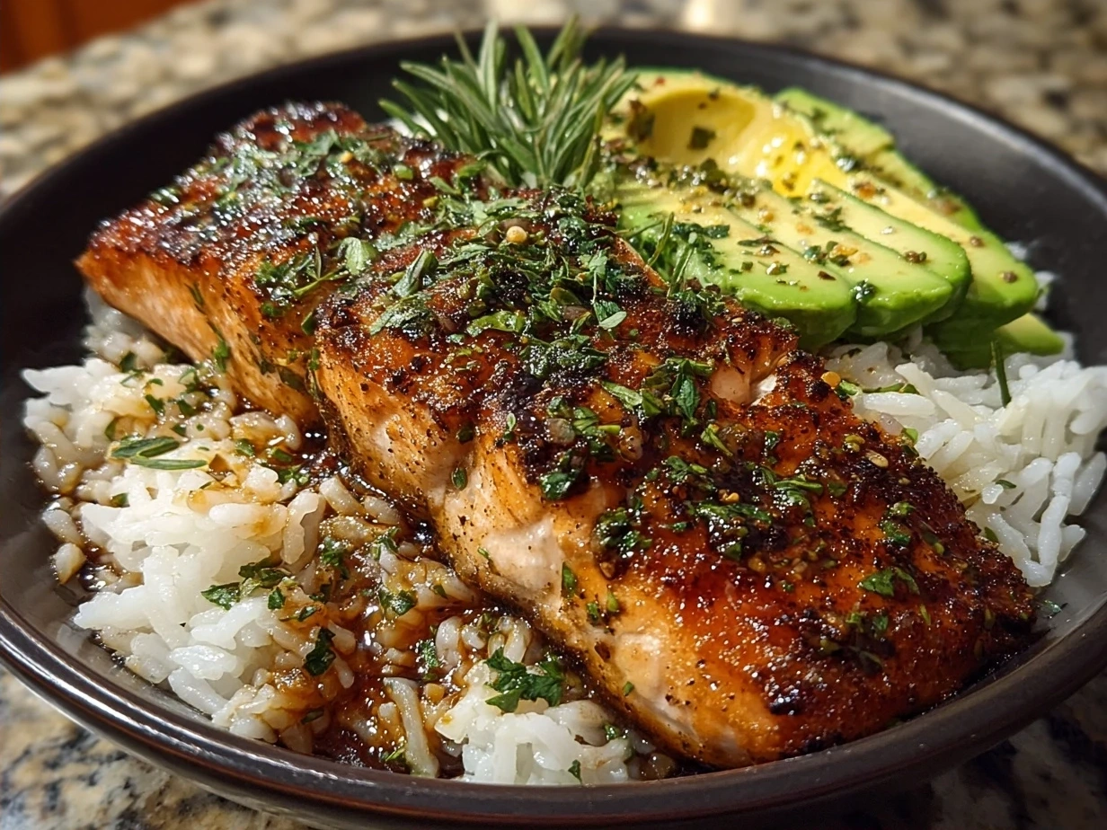 Deliciously plated Teriyaki Salmon Avocado Rice ready to serve with sesame seeds and green onions