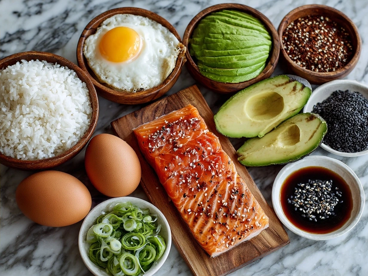 Ingredients for Teriyaki Salmon Avocado Rice, including salmon, avocados, rice, teriyaki sauce, oil, sesame seeds, and green onions