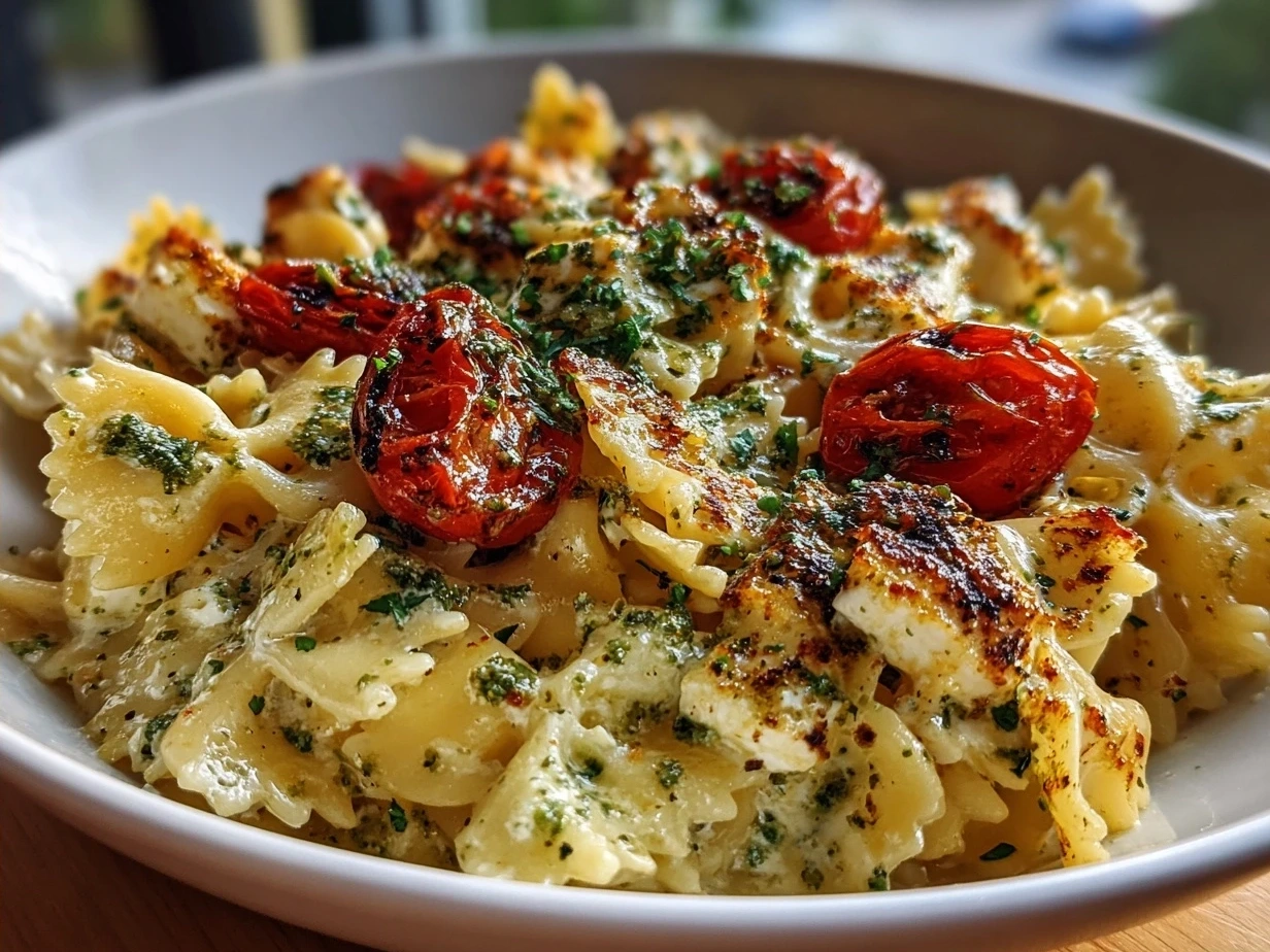 Bowl of TikTok Baked Feta Pasta with Pesto garnished with fresh basil and red pepper flakes