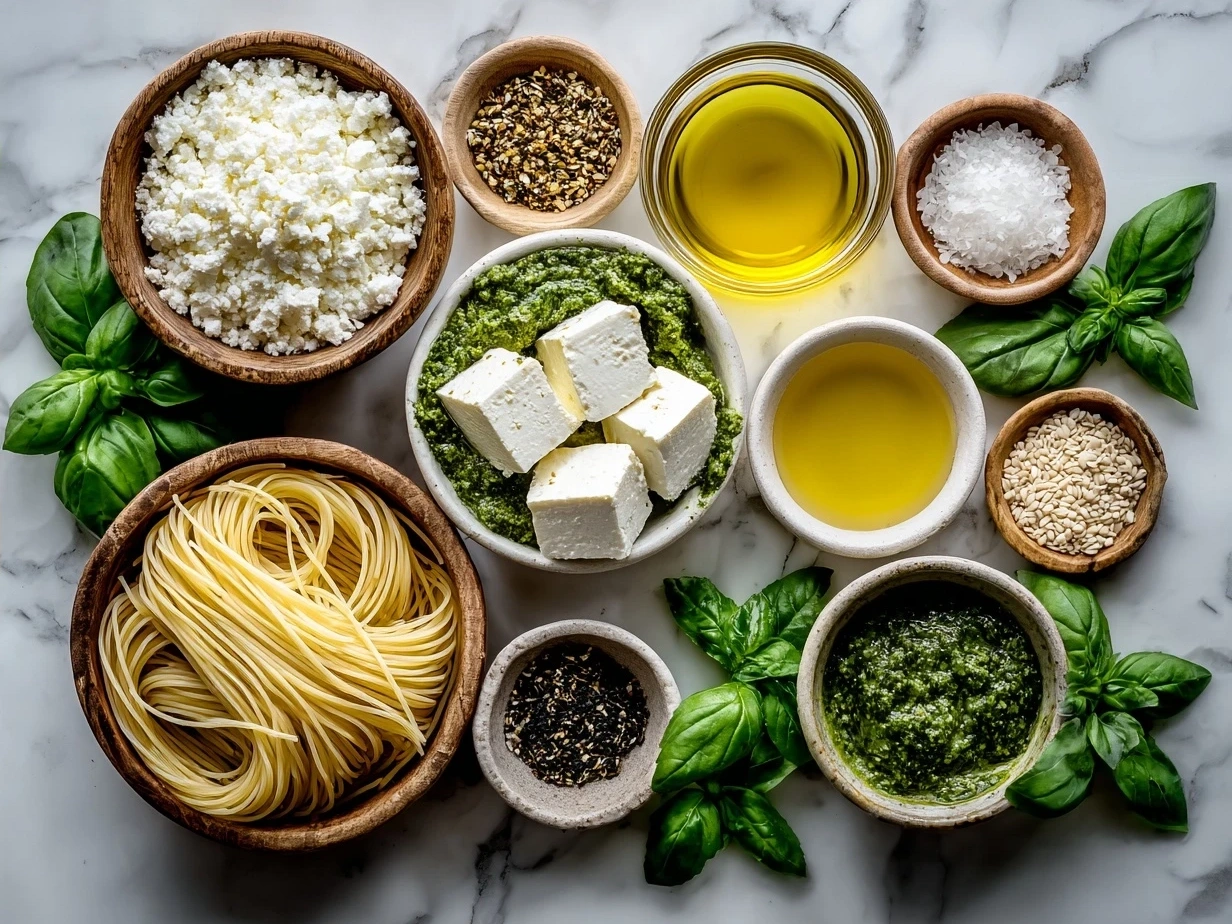 Ingredients for TikTok Baked Feta Pasta with Pesto including feta, cherry tomatoes, olive oil, garlic, pasta, and pesto