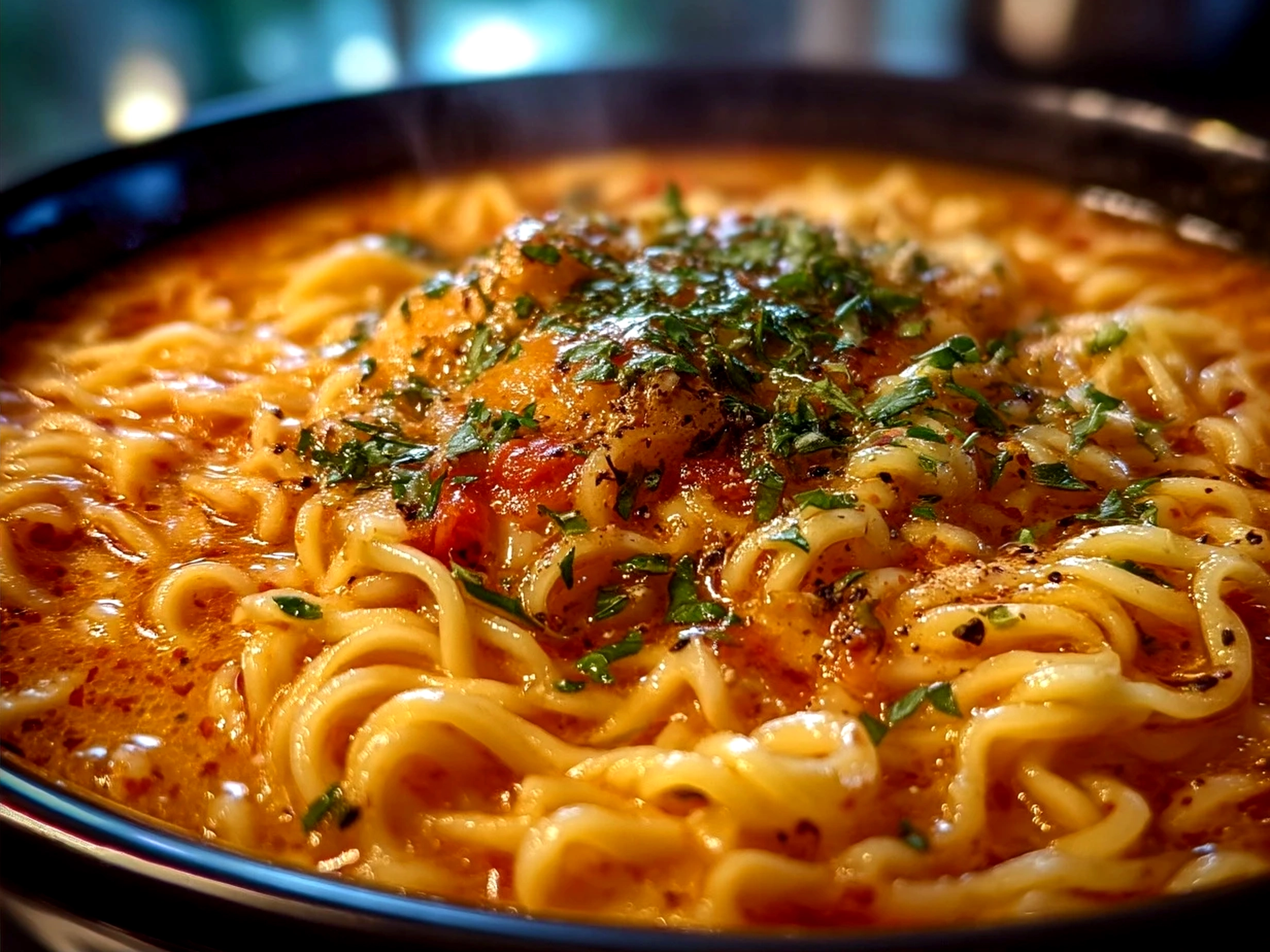 Serving bowl of warm Tomato Basil Noodle Soup with Parmesan cheese and fresh basil