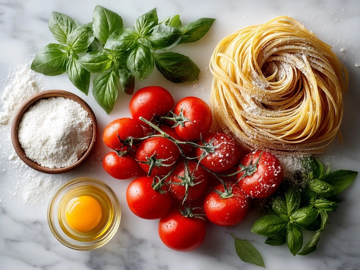 Ingredients for Tomato Basil Noodle Soup including olive oil, onions, garlic, canned tomatoes, broth, noodles, fresh basil, and Parmesan cheese