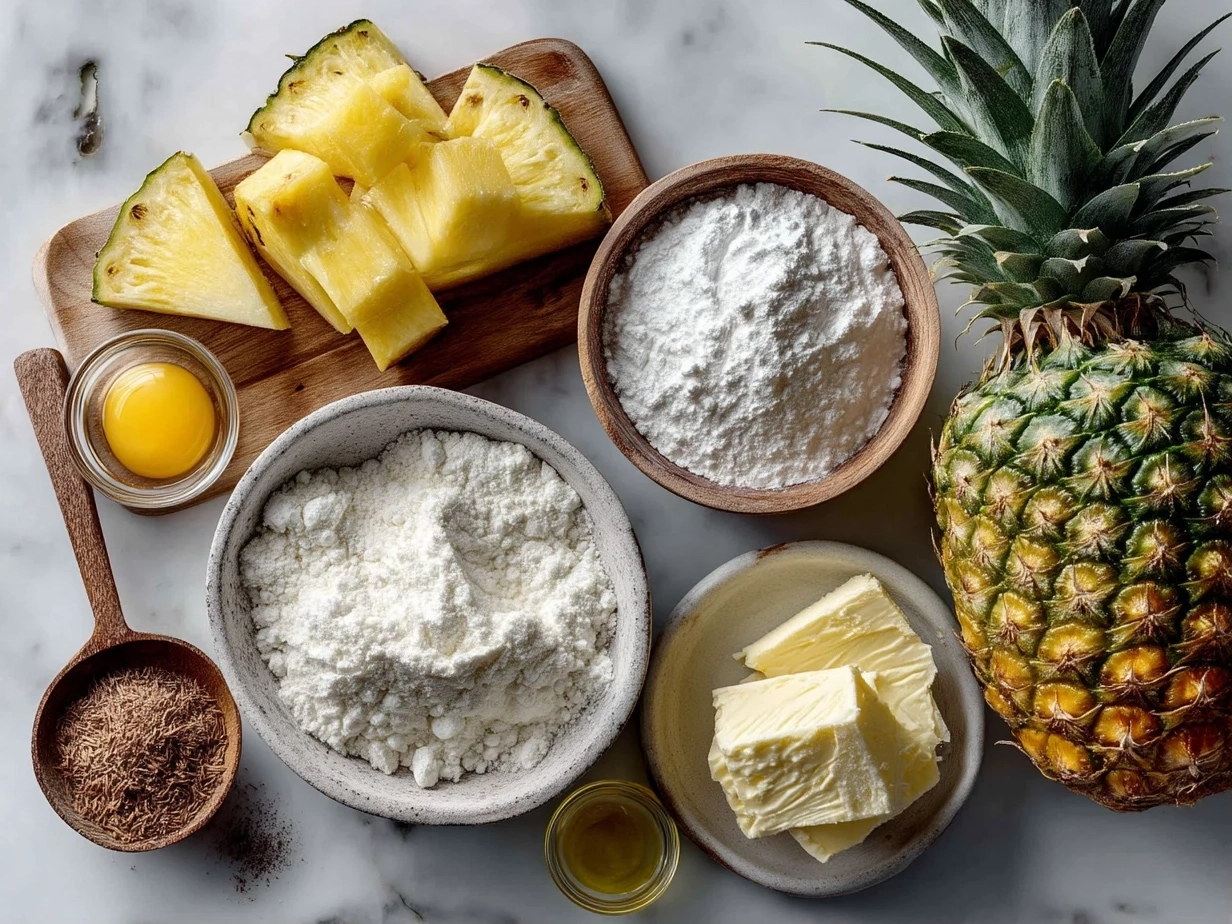 Top down view of ingredients for Juicy Pineapple Cake arranged on white marble surface