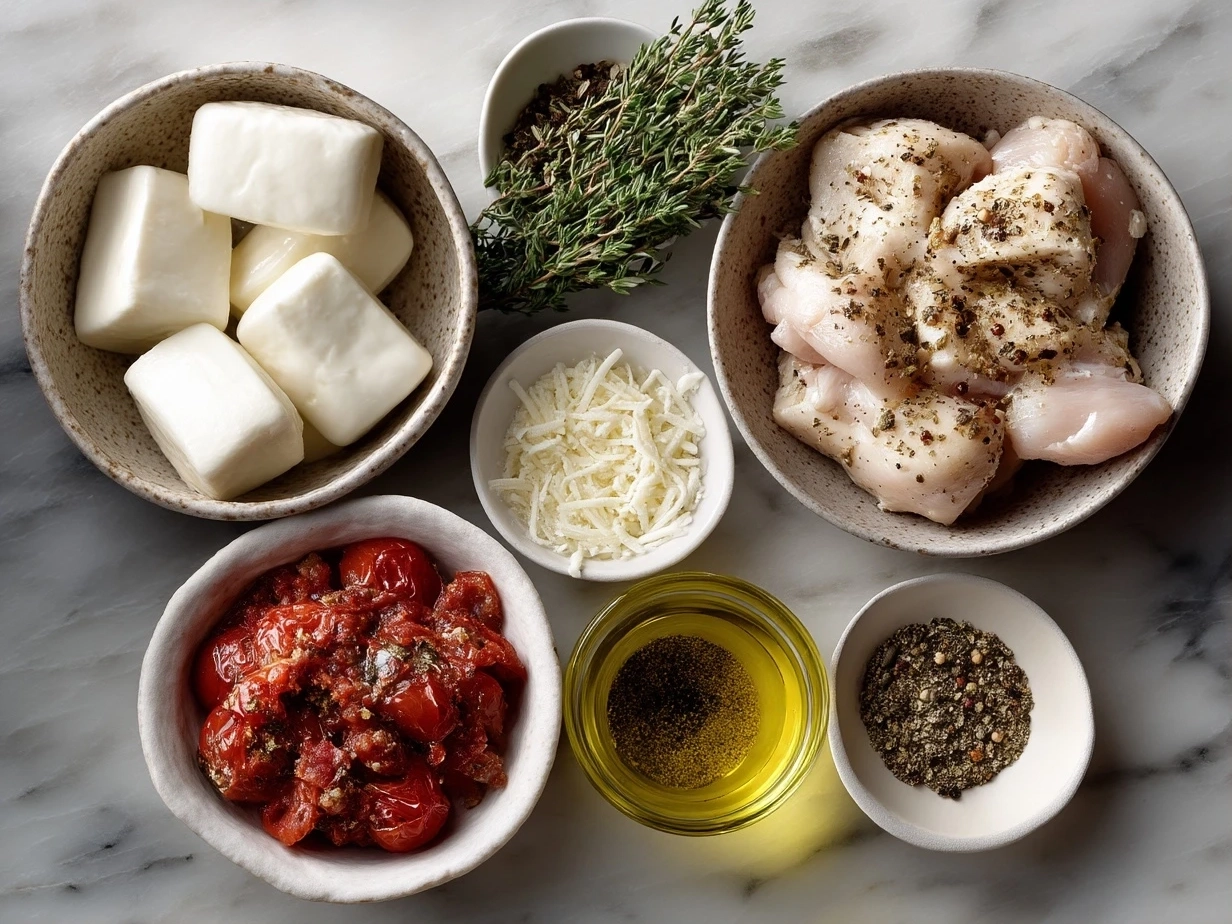 Top down view of raw ingredients for Air Fryer Chicken Mozzarella Wraps on marble kitchen surface