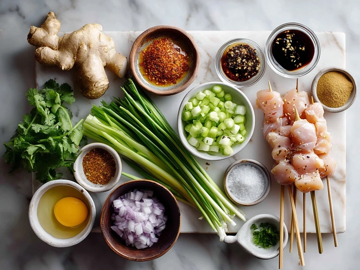 Raw ingredients for Bang Bang Chicken Skewers arranged on a marble countertop