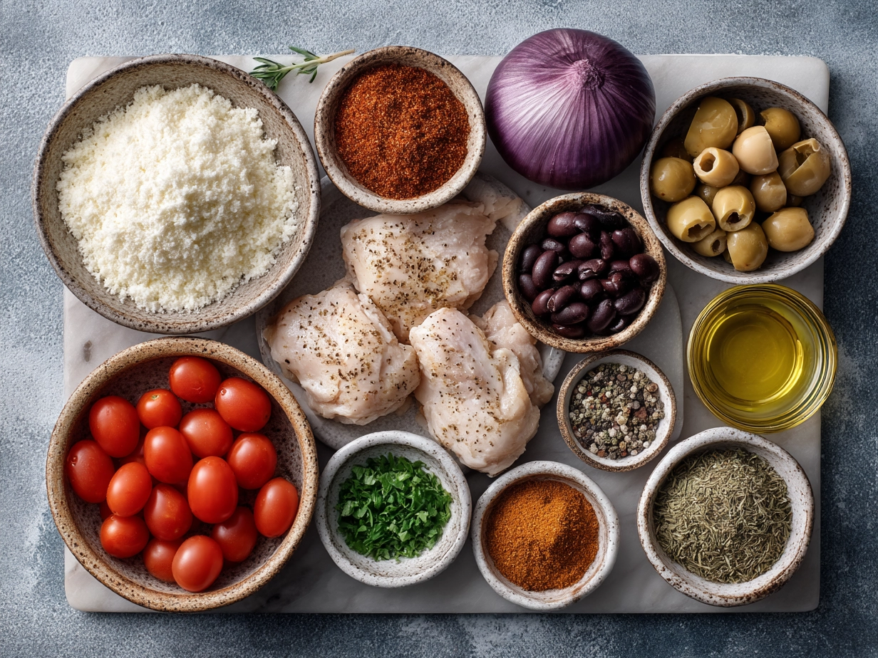 Top-down raw ingredients for Cajun Chicken Pasta including chicken breasts, linguine, and spices