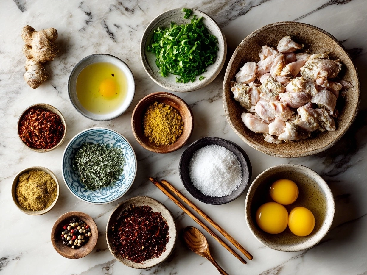 Top down raw ingredients for Cheats Chicken Laksa on marble, modern kitchen organized mise en place