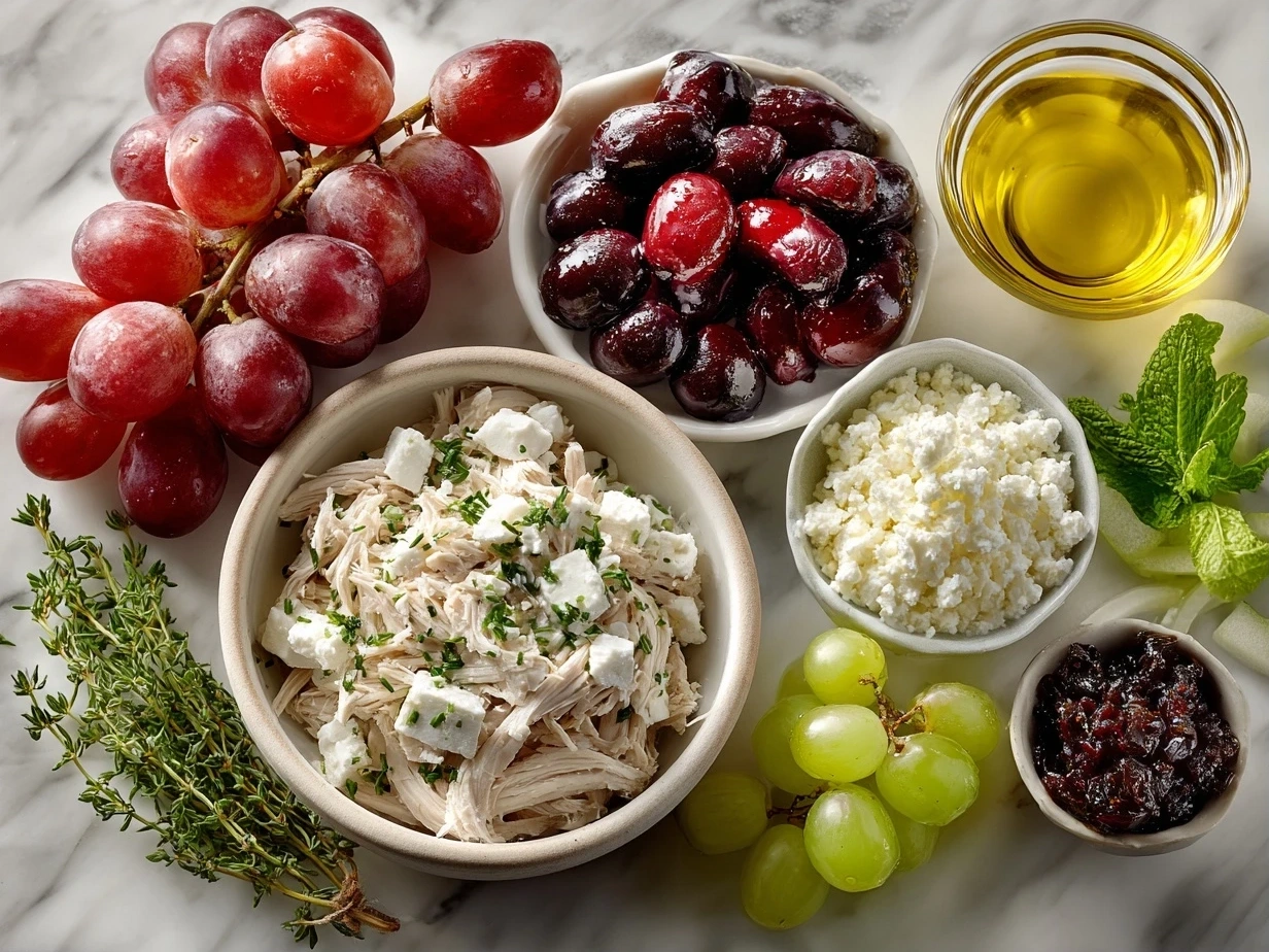 Top down raw ingredients for Chicken Salad Chick Grape Salad on marble