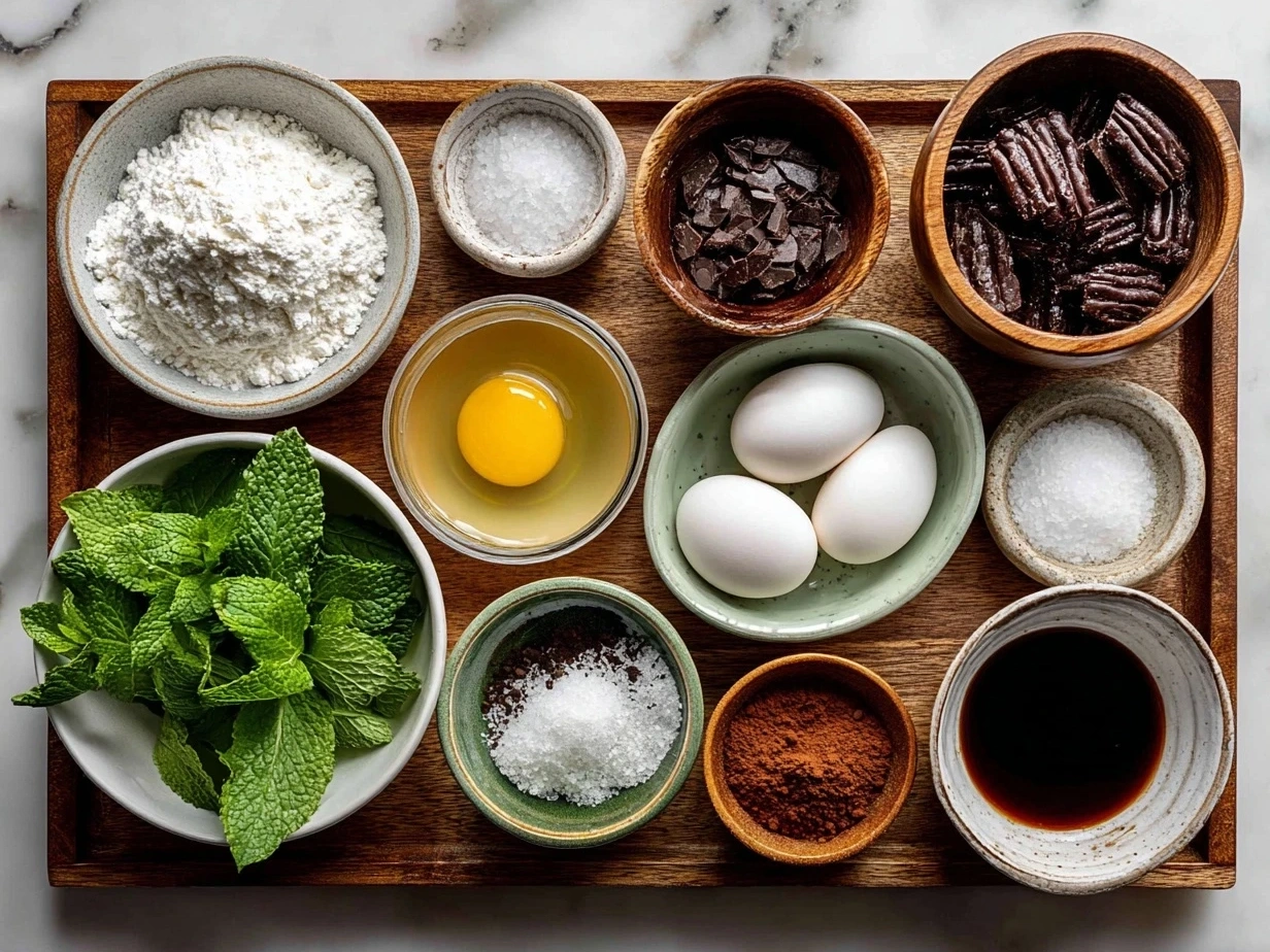 Top down view of raw ingredients for Chocolate Mint Crinkles arranged on marble counter