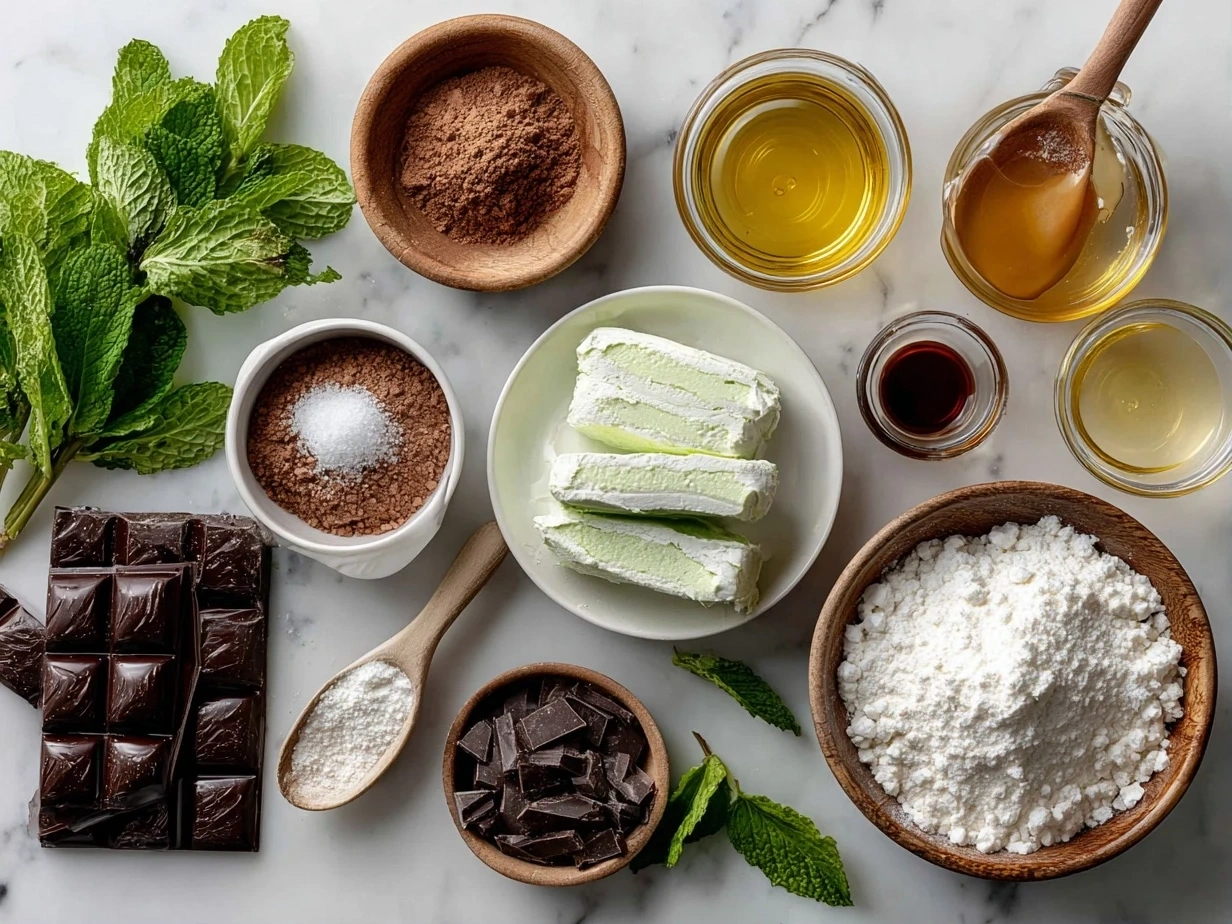 Top down view of raw ingredients for chocolate mint pie on marble surface