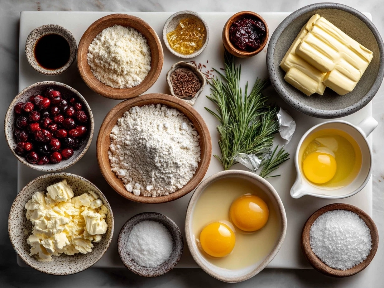 Top down raw ingredients for Christmas breakfast casserole on marble kitchen counter with bread, eggs, cheese, sausage, and chopped veggies