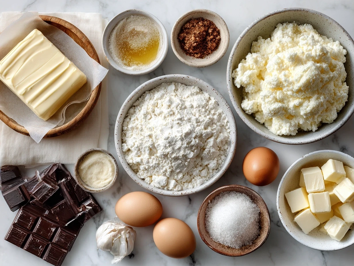 Raw ingredients for cream cheese sausage balls laid out on a surface including sausage, cream cheese, shredded cheddar, and biscuit mix