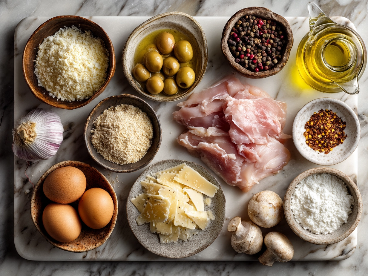 Raw ingredients for creamy Tuscan chicken on marble surface