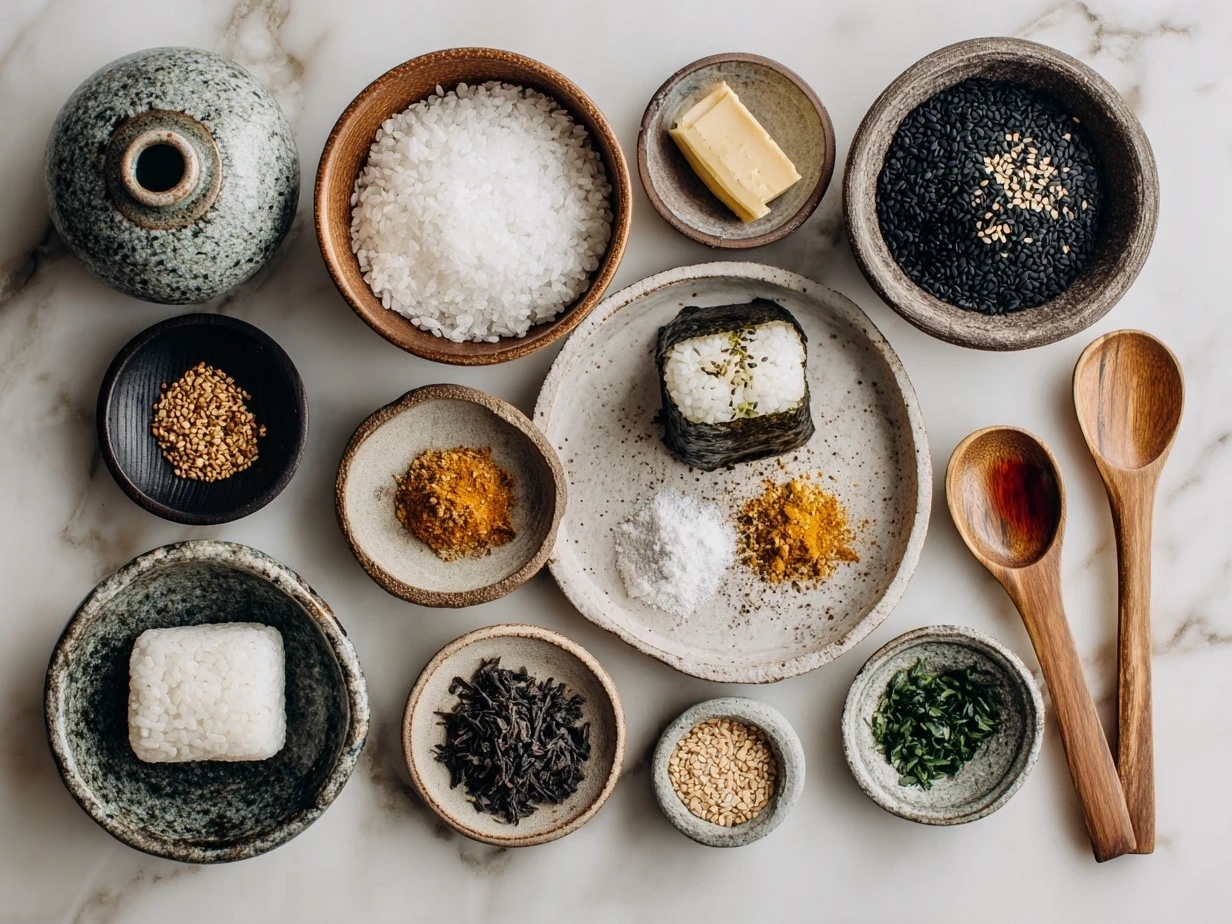 Top down view of raw ingredients for Easy Yaki Onigiri
