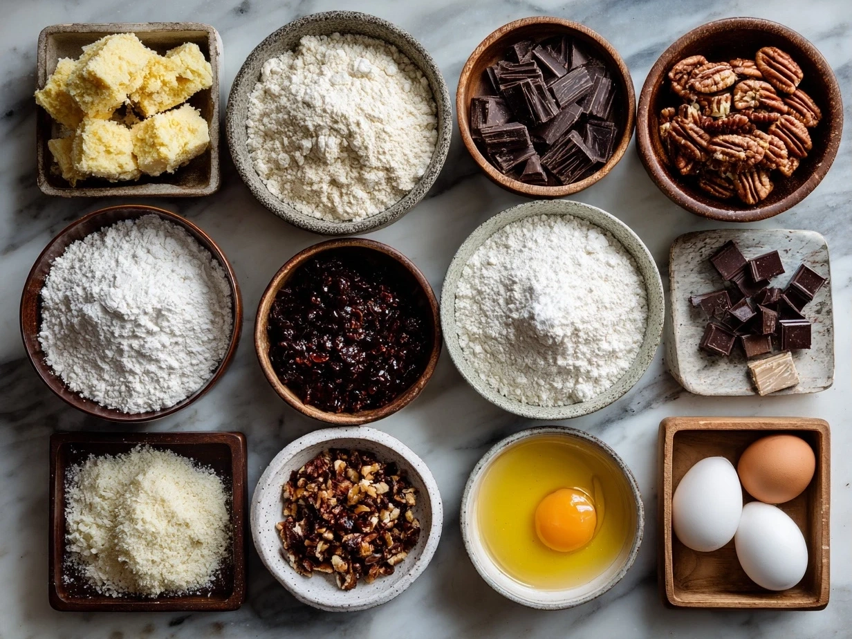 Top down raw ingredients for Festive Mini Christmas Cakes with Ganache on marble surface
