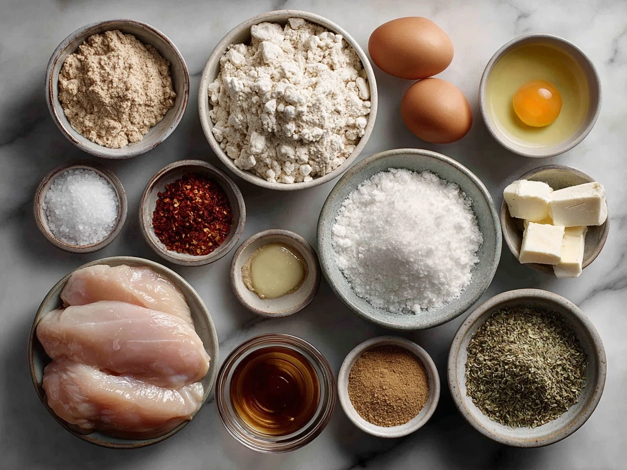 Top-down view of raw ingredients for gluten free chicken tenders including chicken, gluten free flour, eggs, and bread crumbs