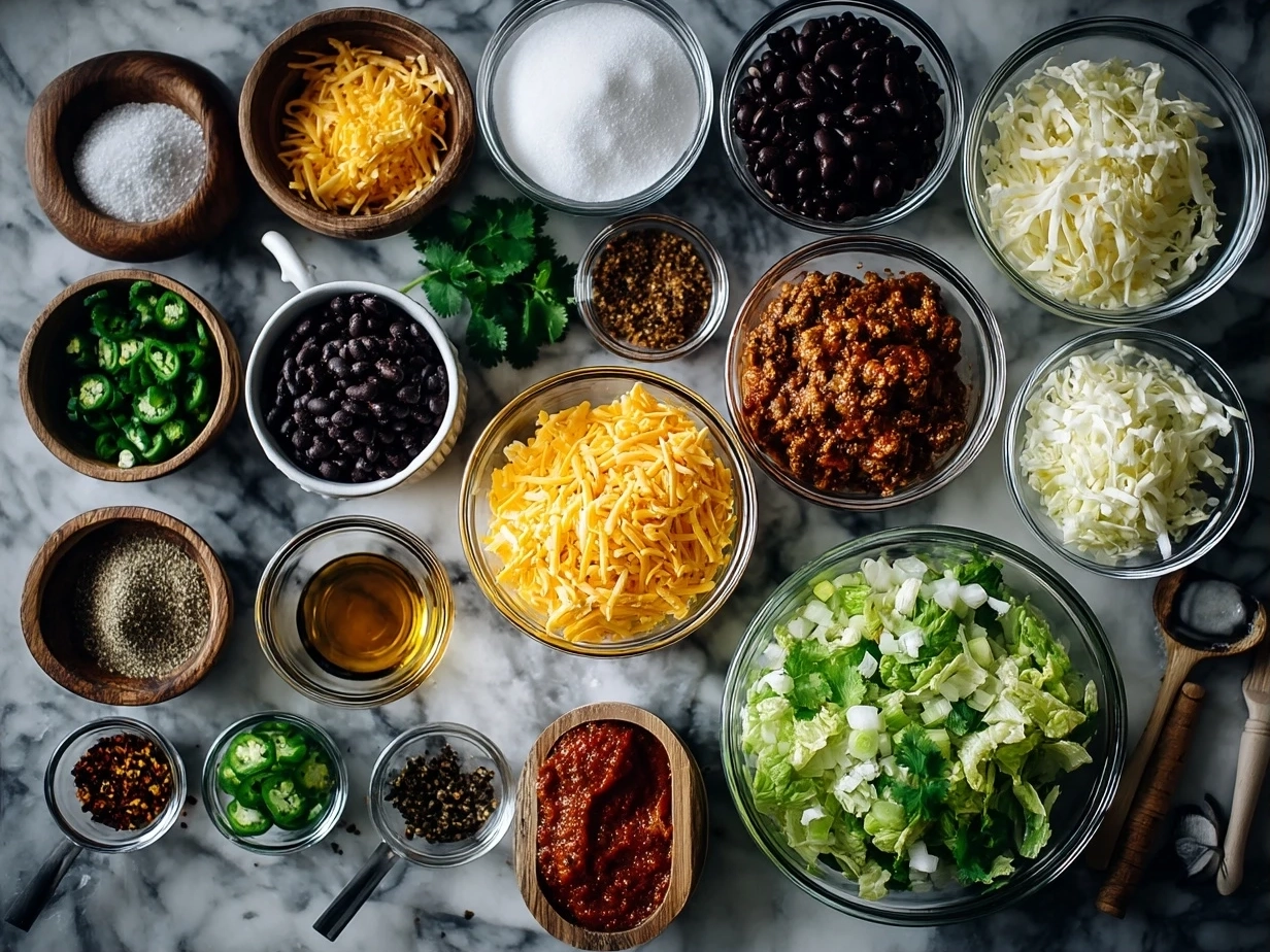 Raw ingredients for ground turkey black bean enchiladas in bowls and containers