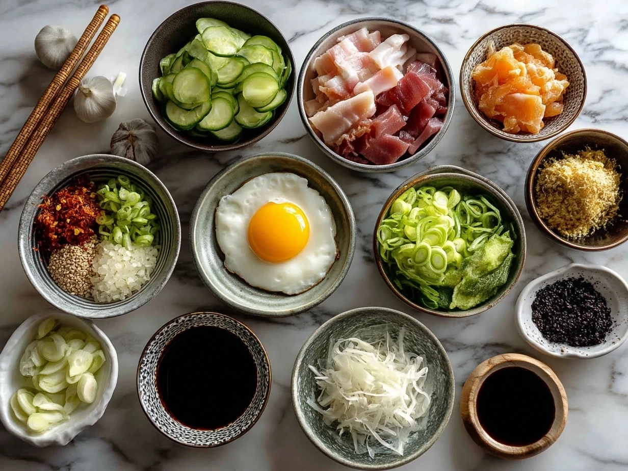 Raw ingredients laid out for Japanese Katsu Bowl on marble surface