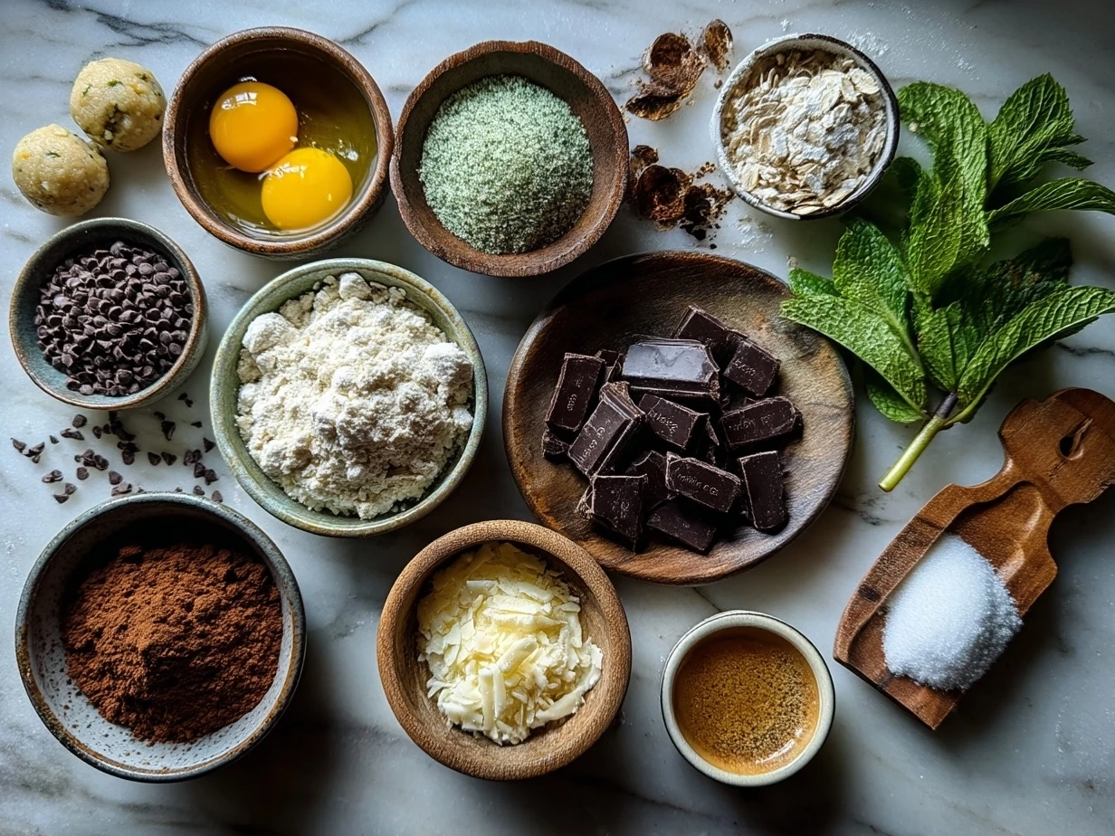 Raw ingredients for Mint Chocolate Chip Protein Balls arranged on marble surface