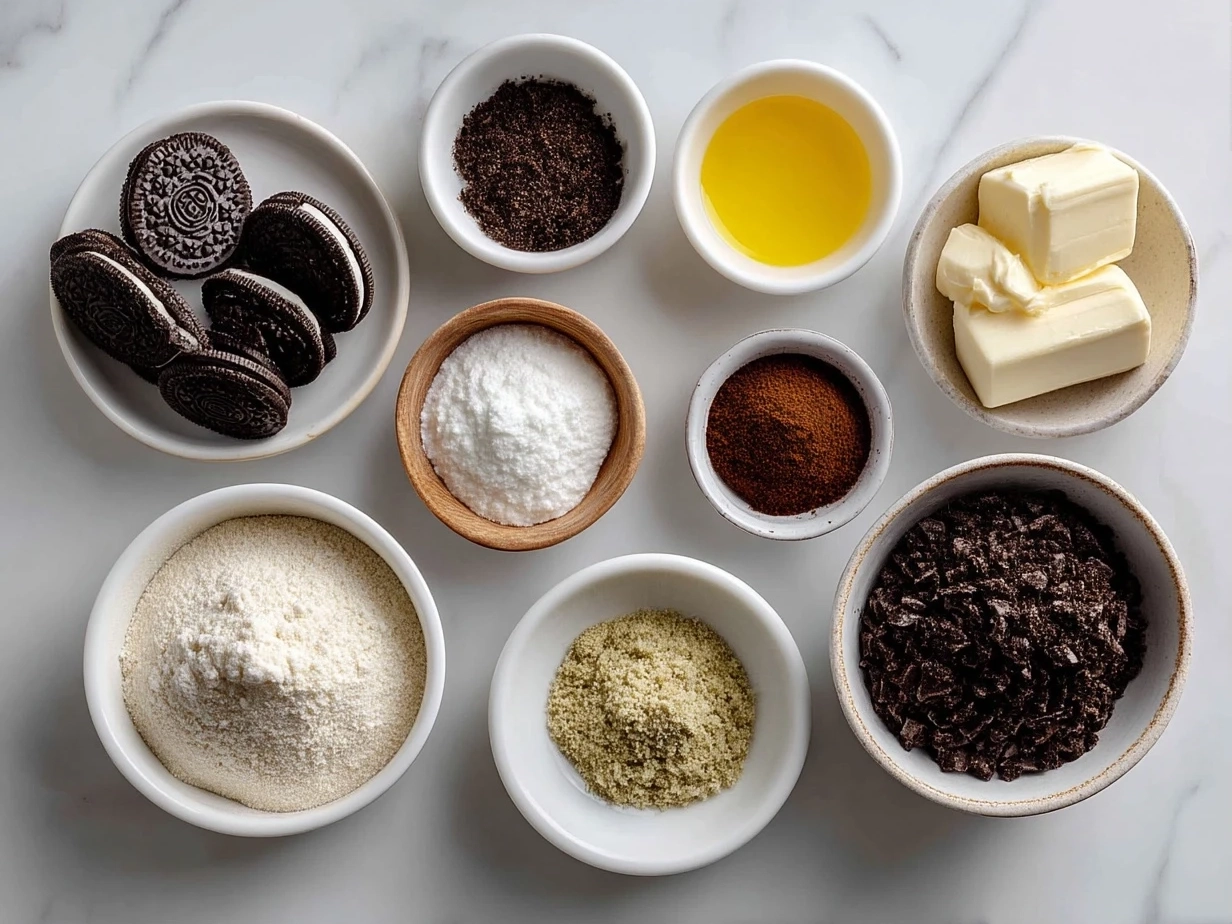 Top down view of raw ingredients for No Bake Oreo Cheesecake showing Oreos, cream cheese, powdered sugar, butter, vanilla and heavy cream