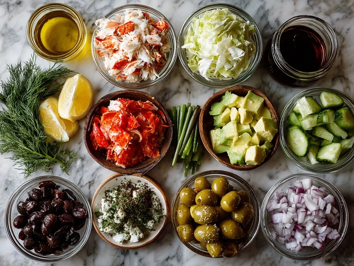 Top down view of raw ingredients for Paleo Crab Louie salad including crab meat, lettuce, avocado, tomatoes, radishes, egg, and green onions