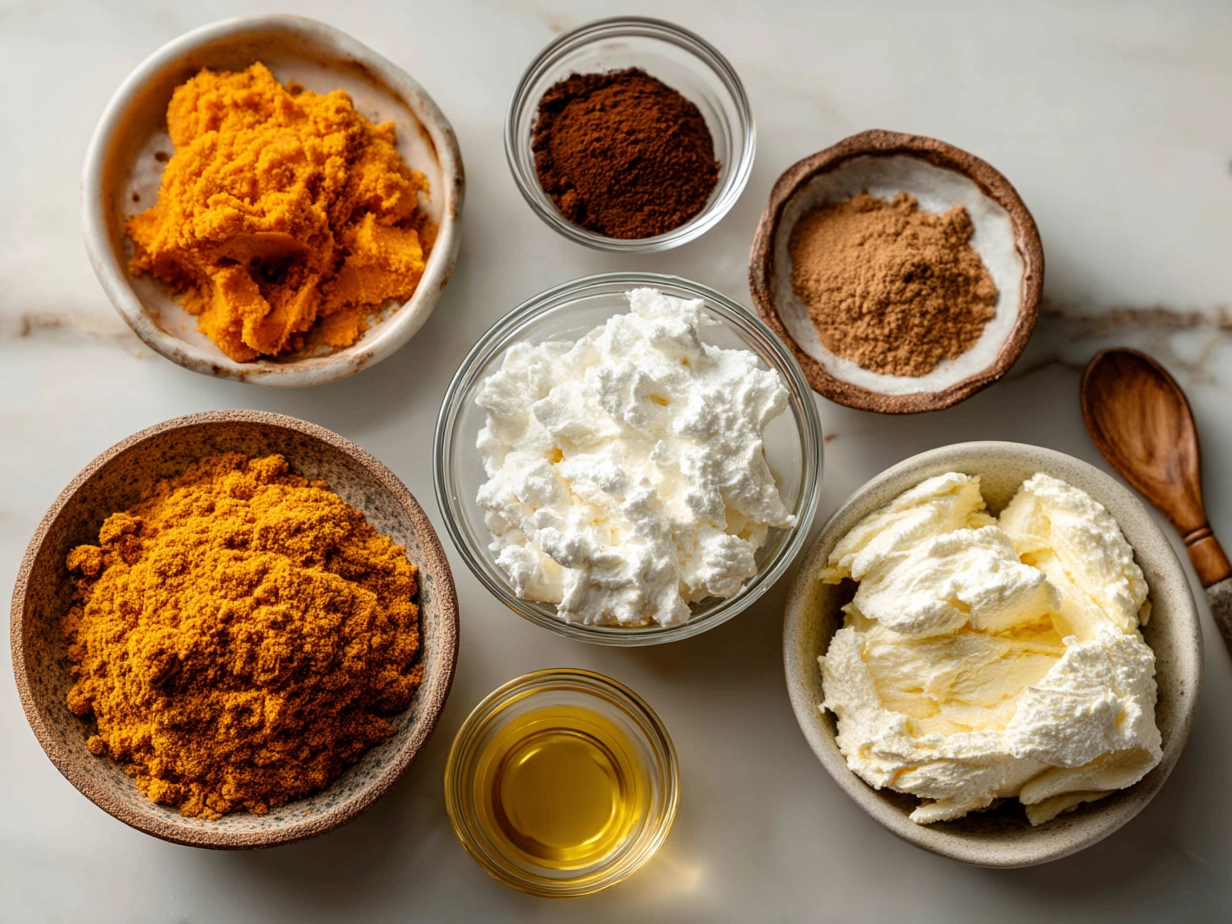 Top down view of raw ingredients for Pumpkin Fluff on marble surface