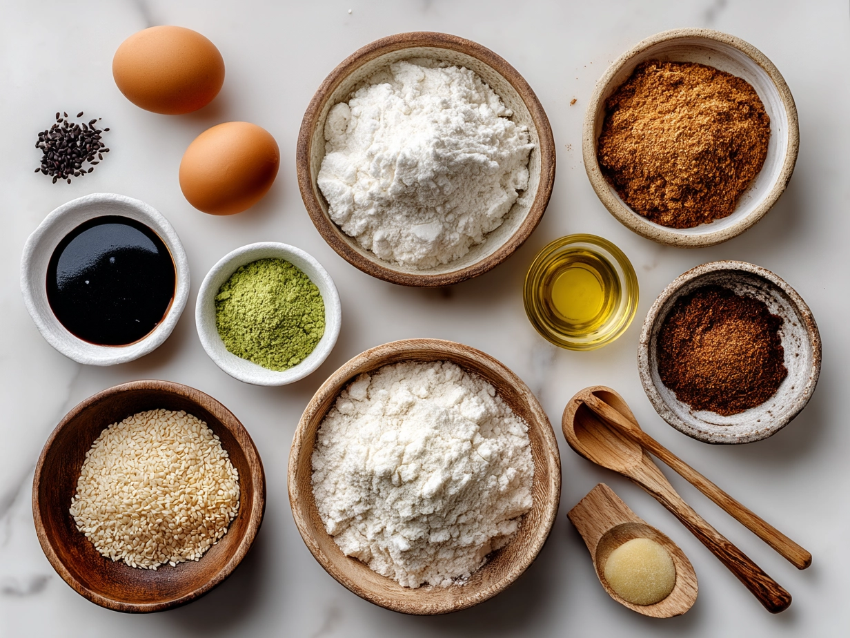 Ingredients for Ramen Noodle Soup laid out on a marble surface