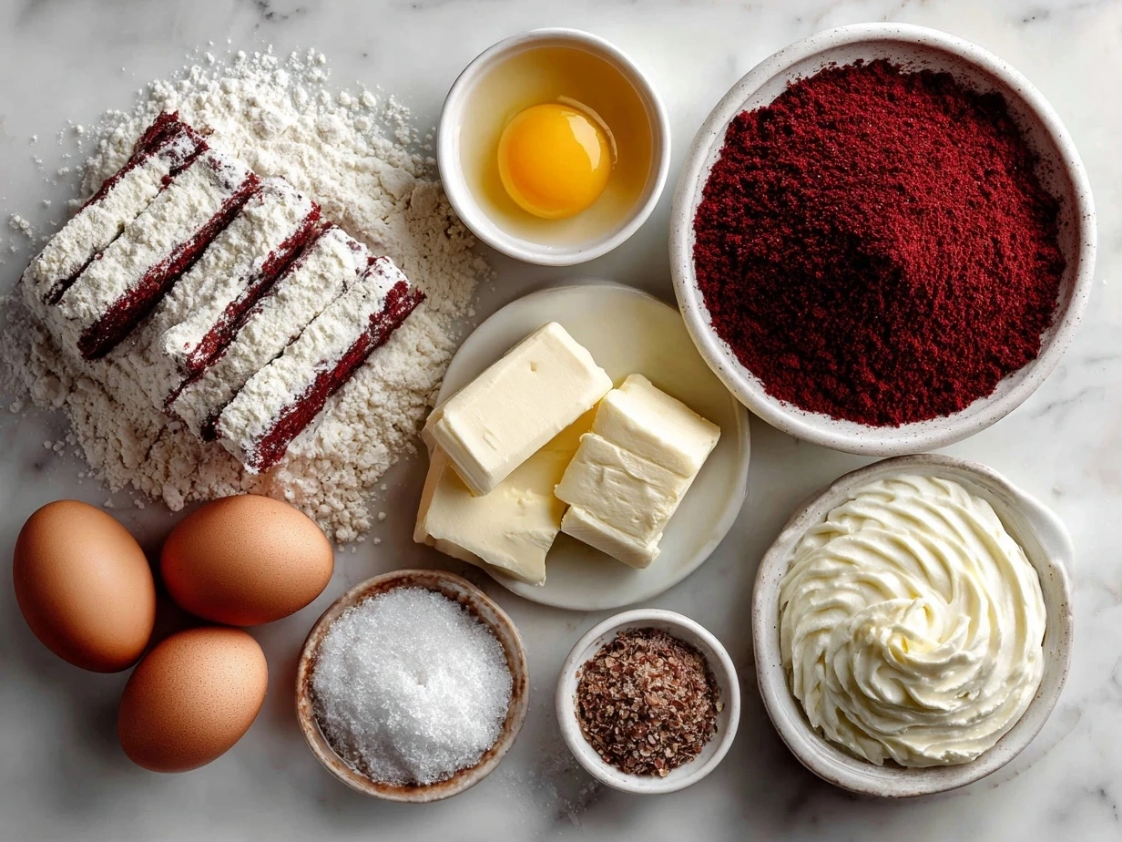 Top down view of raw ingredients for Red Velvet Cream Cheese Bundt Cake