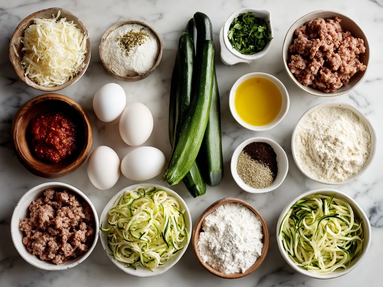 Top down view of raw ingredients for Sausage and Courgette Pasta including pasta, sausage, courgettes, onion, garlic, cream, Parmesan, and olive oil