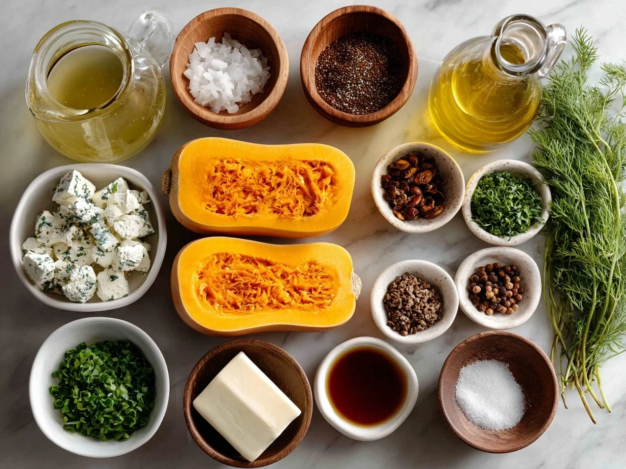 Raw ingredients for Simanim Stuffed Butternut Squash laid out from top down