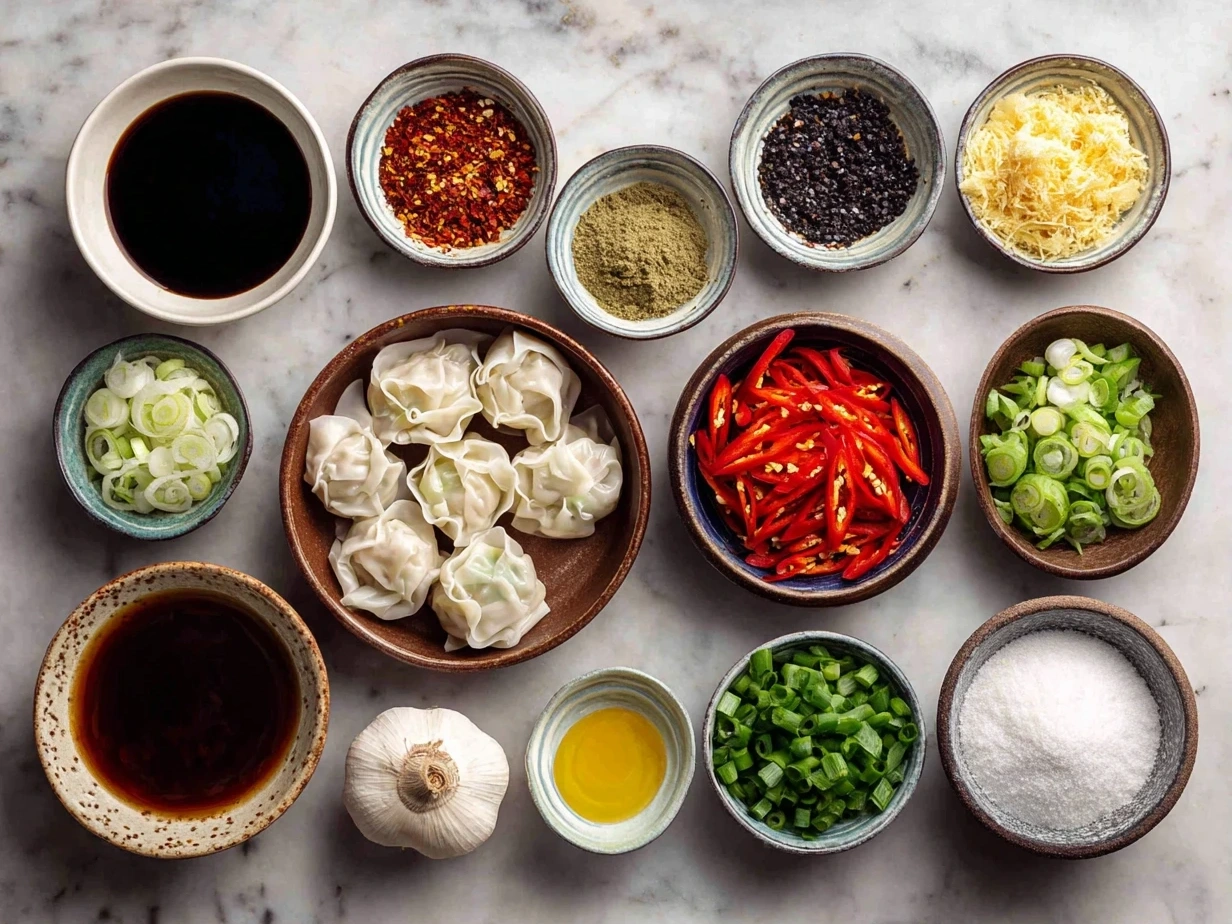 Top-down view of raw ingredients for Spicy Wontons in Chilli Sauce including ground pork, garlic, ginger, green onions, chili oil, soy sauce, and wonton wrappers