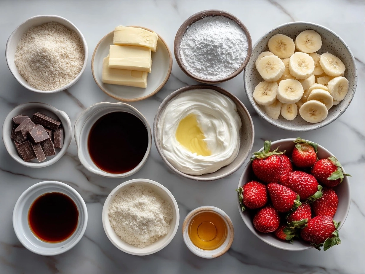 Top-down view of raw ingredients for strawberry banana pudding dream on marble surface