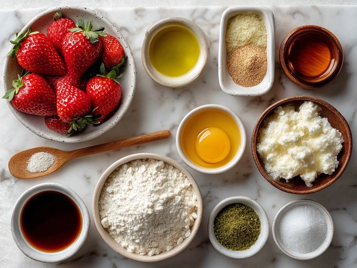 Top-down view of raw ingredients for strawberry shortcake on marble surface