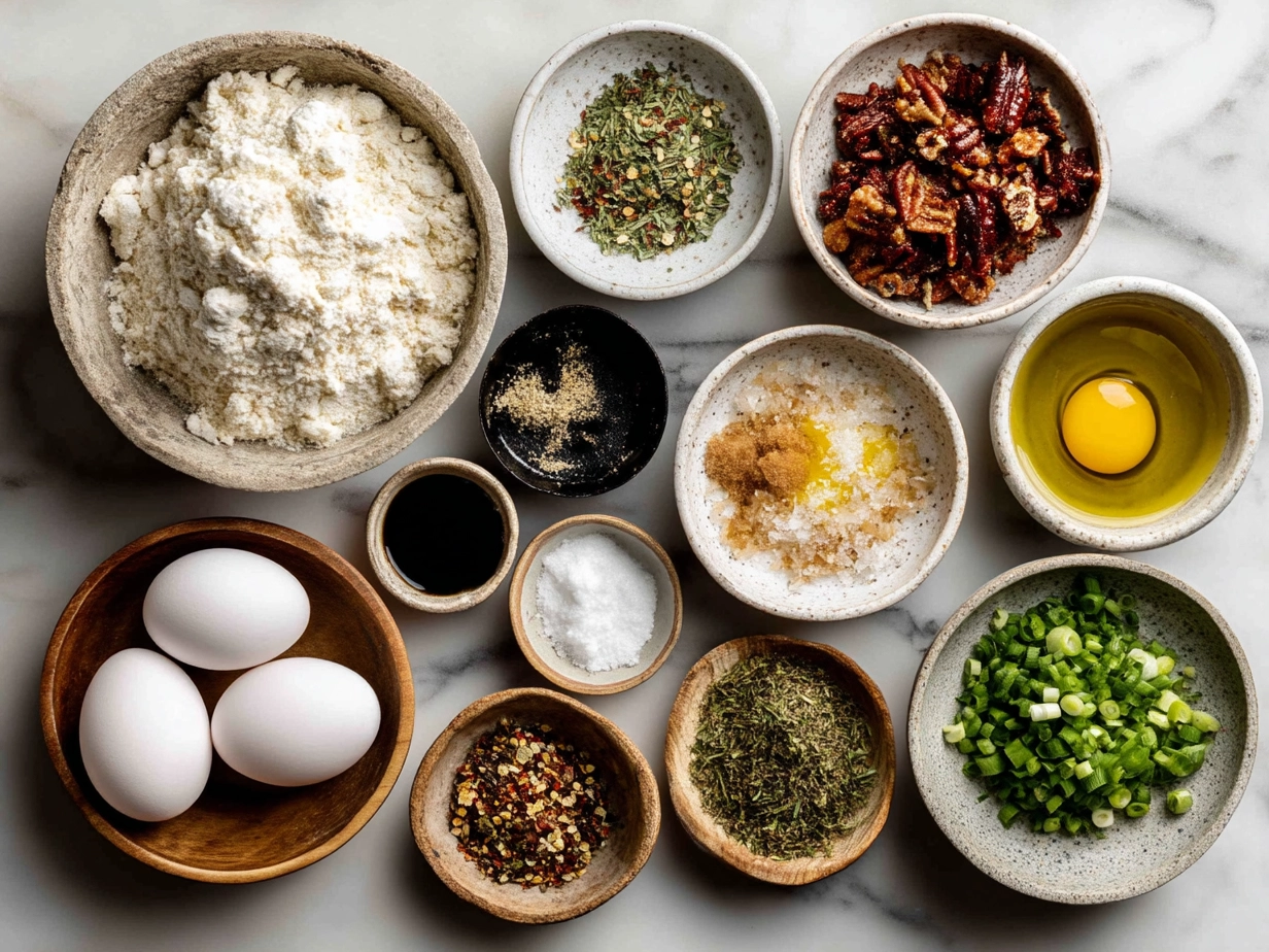 Top down shot of raw ingredients for Turkey Stroganoff on marble counter