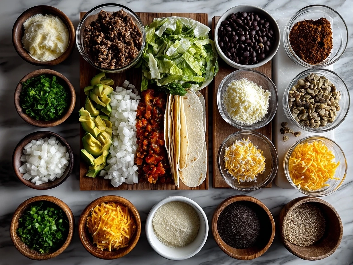 Top down view of raw ingredients for Vegan Crunchwrap Supreme on marble surface