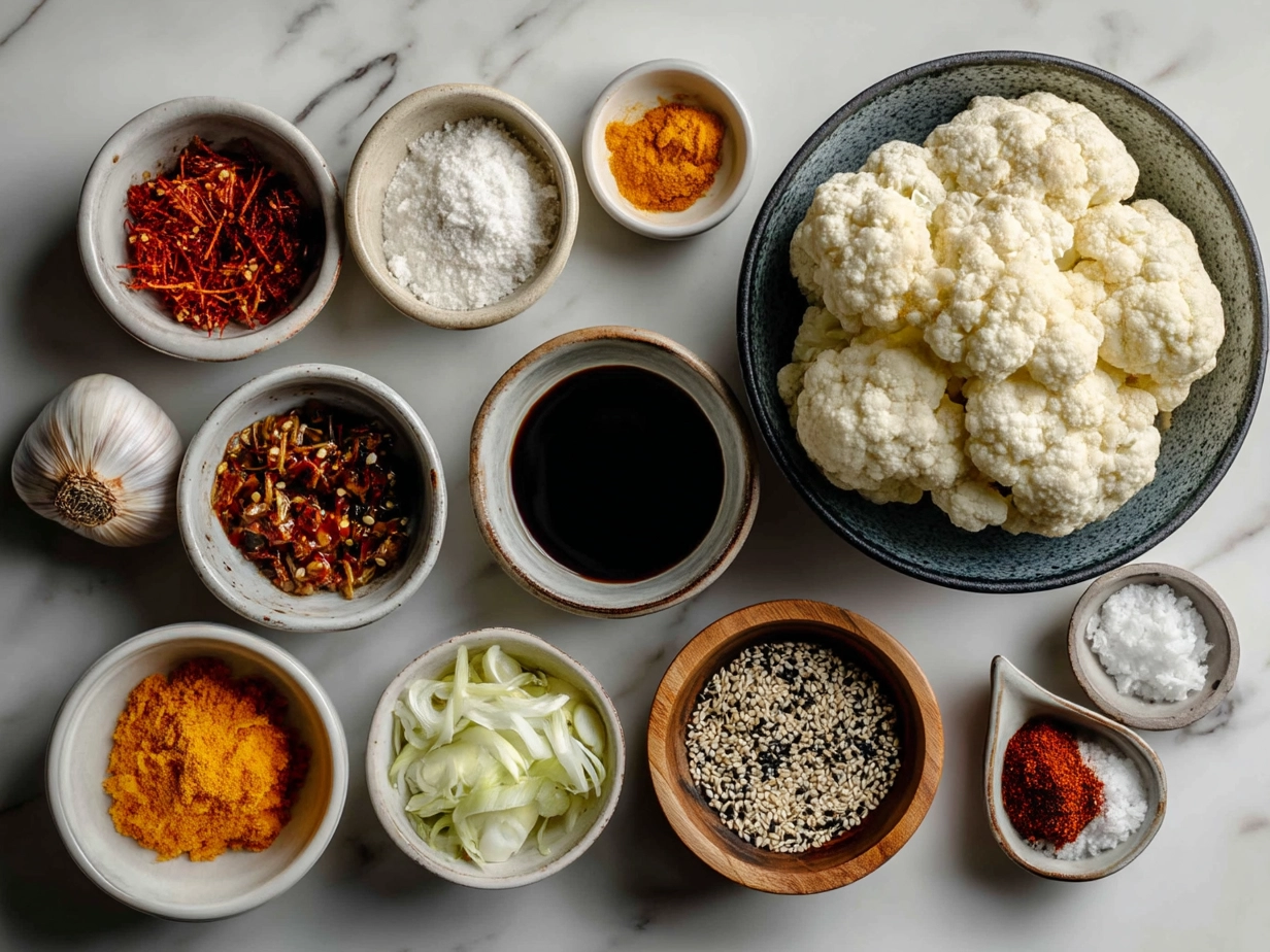 Top-down view of the ingredients for Spicy Korean Cauliflower Dish