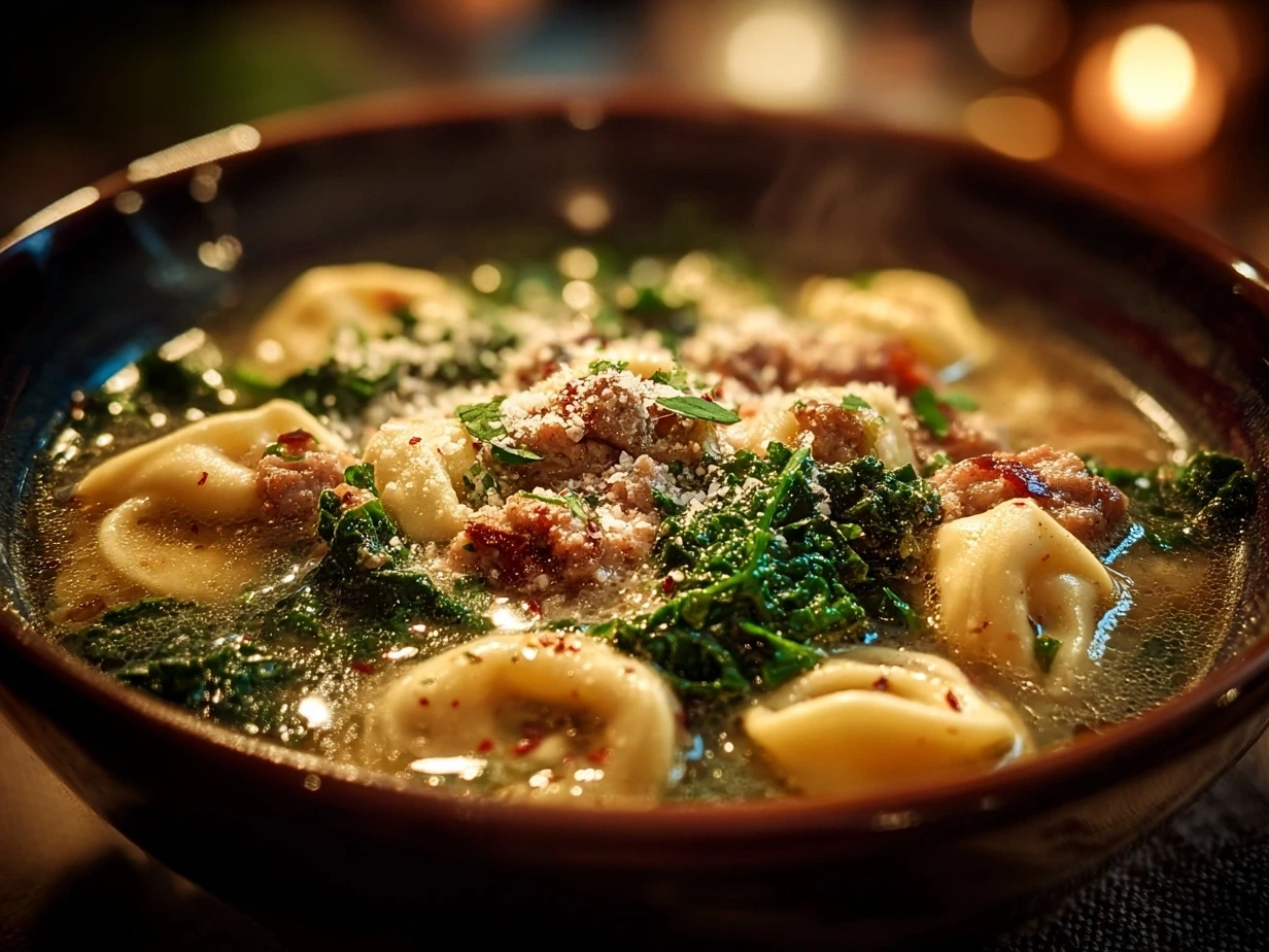 Serving bowl of Tortellini Soup with Sausage and Kale garnished with Parmesan cheese and fresh kale