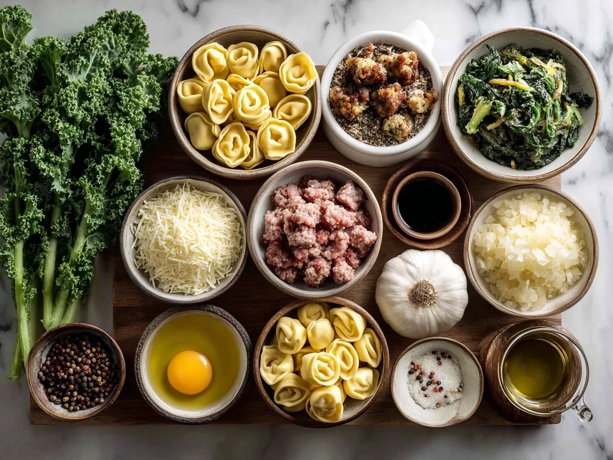 Ingredients for Tortellini Soup with Sausage and Kale including sausage, kale, tortellini, onion, garlic and canned tomatoes