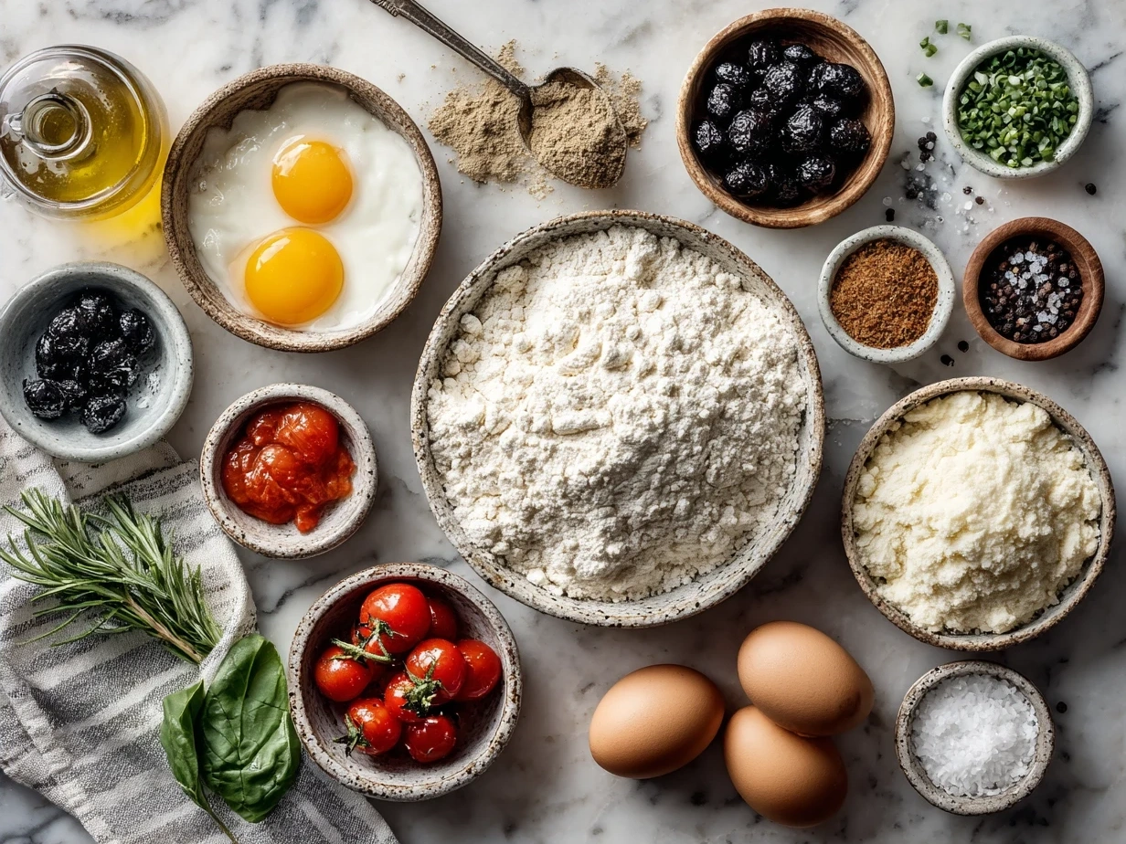 Ingredients for Touchdown Calzones including flour, cheese, sausage, pepperoni, and marinara