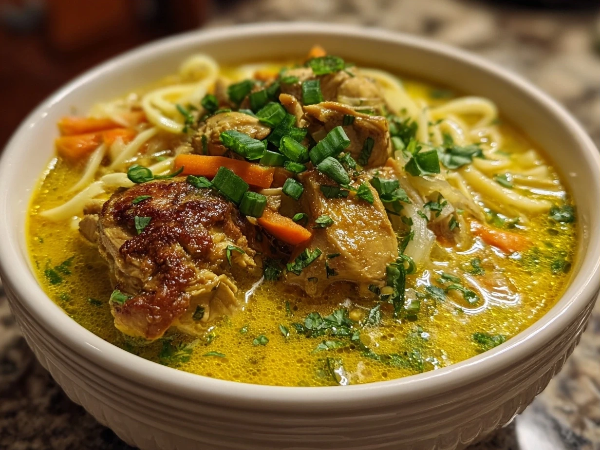 A steaming bowl of golden Turmeric Ginger Chicken Noodle Soup garnished with fresh parsley