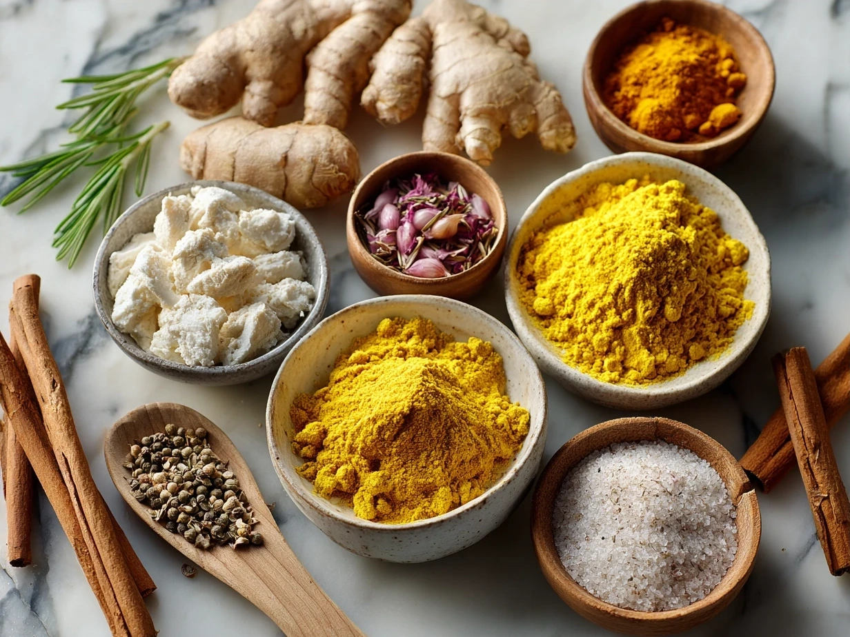 Ingredients laid out for Turmeric Ginger Chicken Noodle Soup including onion, garlic, ginger, chicken broth, noodles, carrots, celery, and chicken