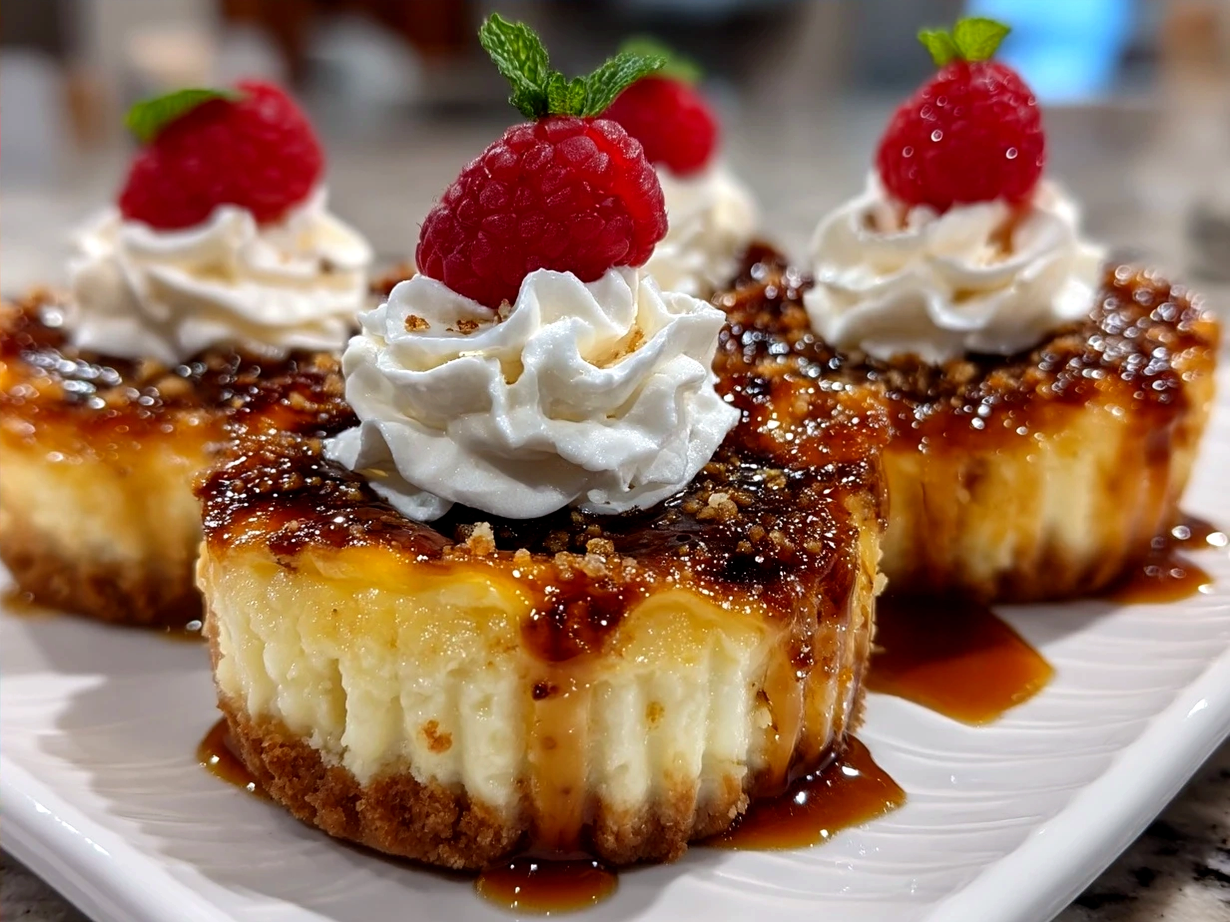 Served Vanilla Bean Creme Brulee Cheesecake Cupcakes with fresh berries and whipped cream