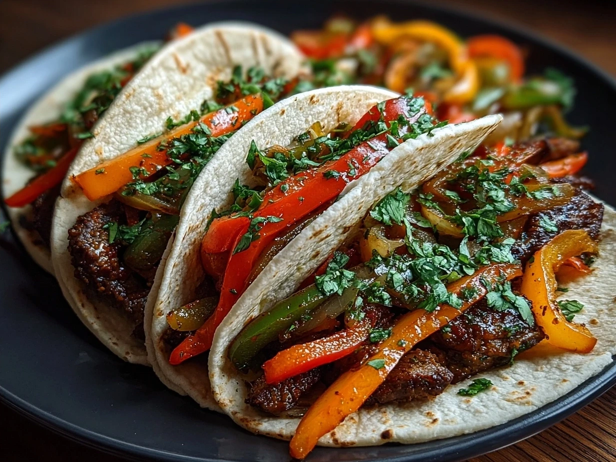 Served Vegan Fajitas with bright peppers and tofu in warm tortillas garnished with fresh cilantro
