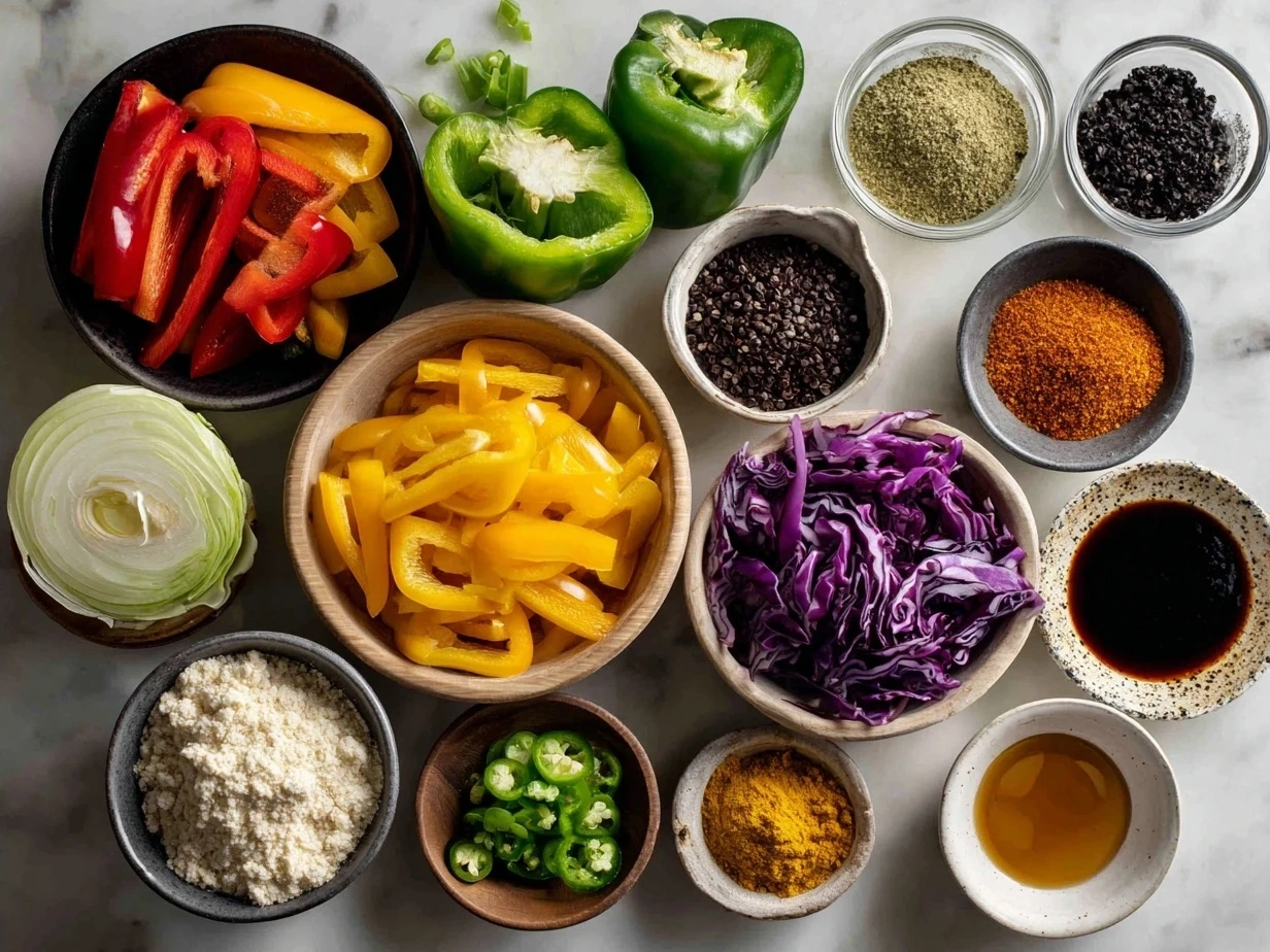 Vegan Fajitas ingredients laid out on a kitchen surface including tofu, bell peppers, onions, and spices