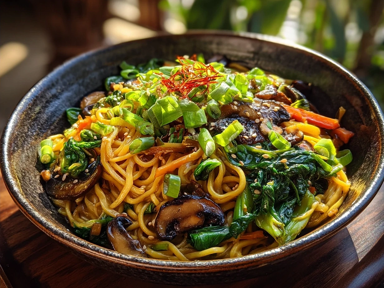 Finished Vegan Teriyaki Noodle Bowl served in a bowl with sesame seeds and green onions garnish