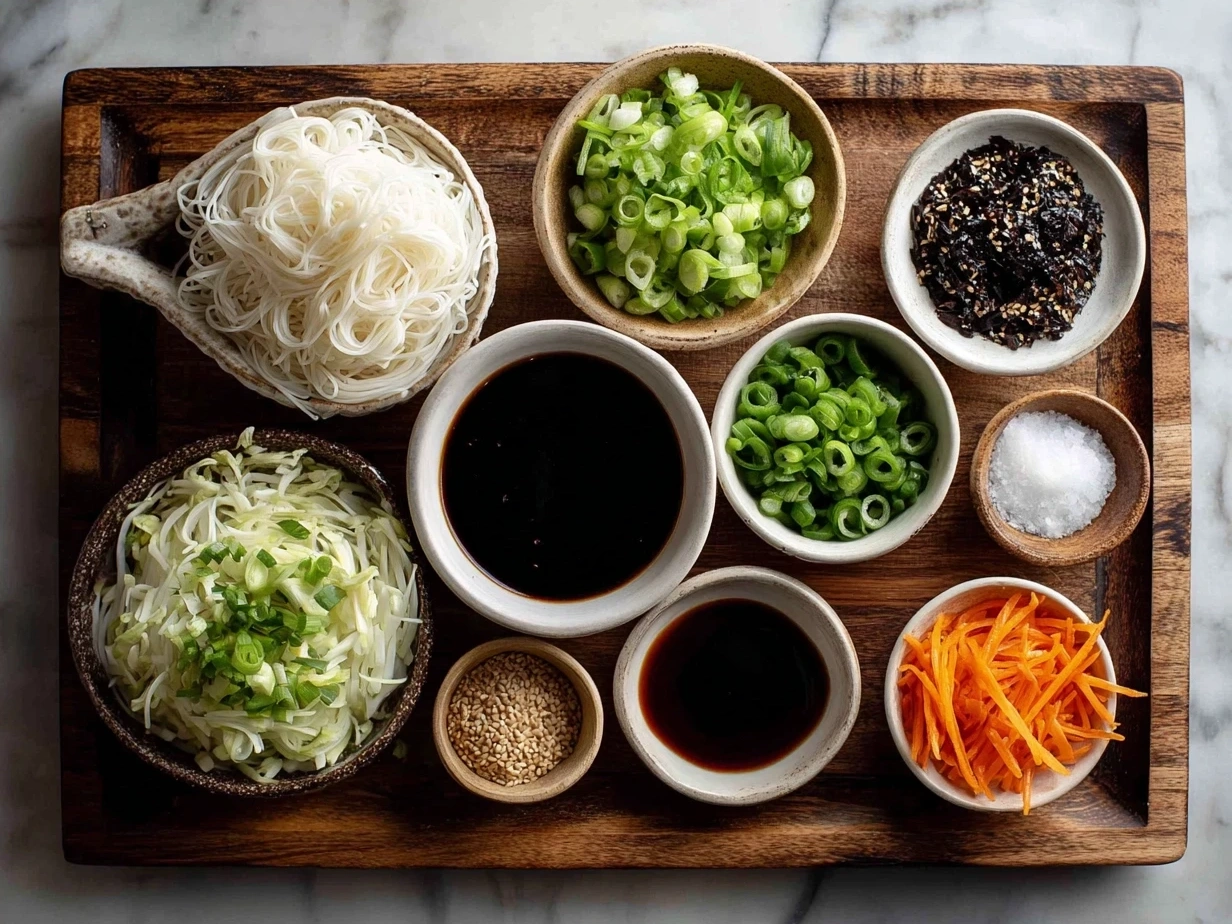 Ingredients for Vegan Teriyaki Noodle Bowl laid out on a kitchen counter